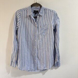J. Crew Classic Fit Shirt Womens 4T Tall Striped Blue White Linen Cotton Preppy
